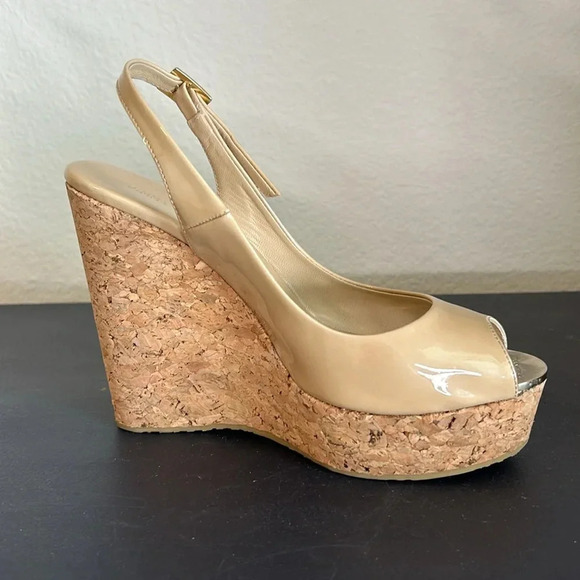 Jimmy Choo Shoes - Jimmy Choo Praise Patent Leather Wedge Sling back Tan Sandal Size 38